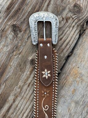 Brown Leather Floral Western Belt with Silver Rhinestone Buckle